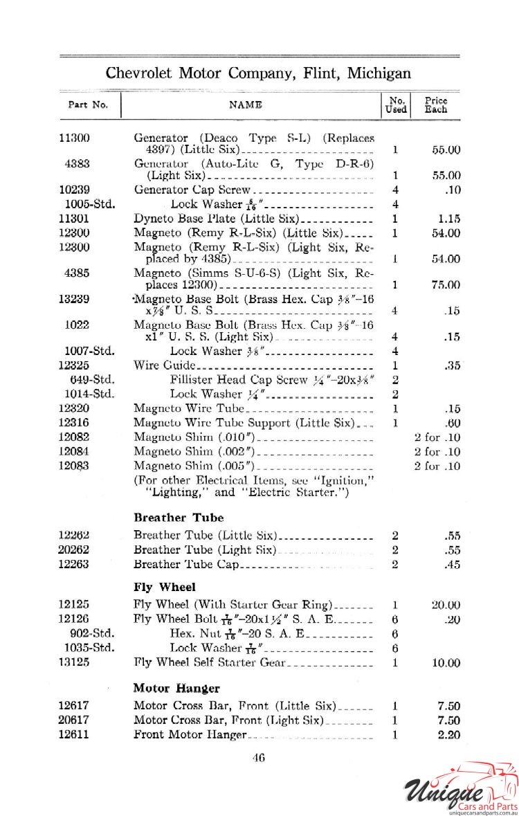 1912 Chevrolet Light and Little Six Parts Price List Page 65